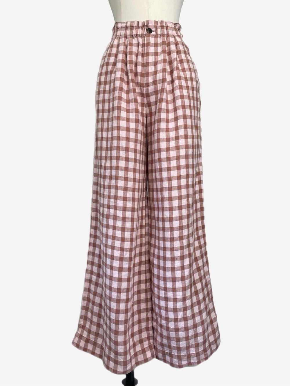 Lou & Grey Pink brown linen gingham cropped wide leg pants folksy boho mom XS